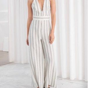 & Other Stories Linen Blend Jumpsuit Stripe White Open Back Size 6 Women's